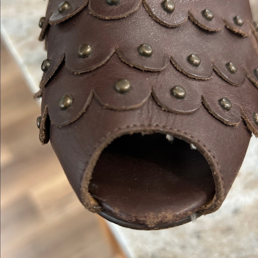 Schuler & Sons Philadelphia peep toe wedge shoes size 40 buckle strap brown - Picture 13 of 14